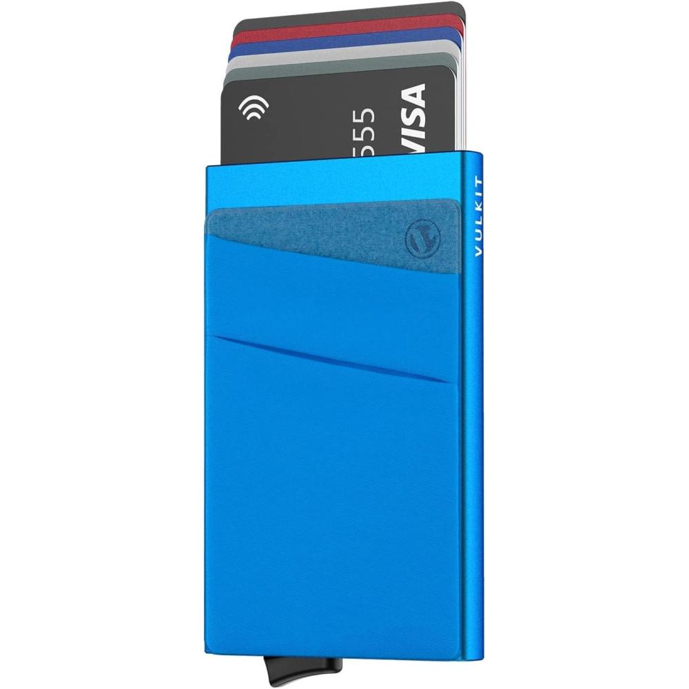 image:imageVULKIT Card Holder with Money Pocket Pop Up Wallet RFID Blocking Slim Metal Bank Card Case Holds 5 Cards and NotesBlue