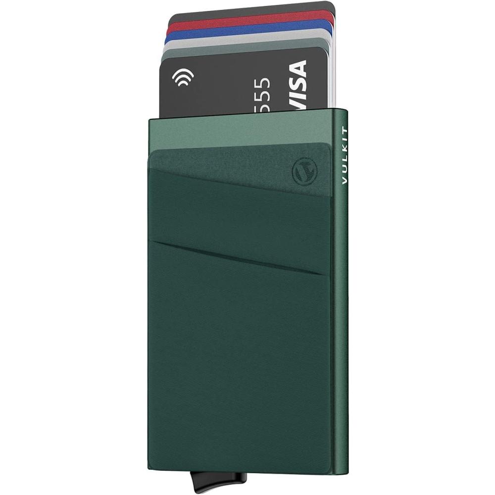image:imageVULKIT Card Holder with Money Pocket Pop Up Wallet RFID Blocking Slim Metal Bank Card Case Holds 5 Cards and NotesMidnight Green