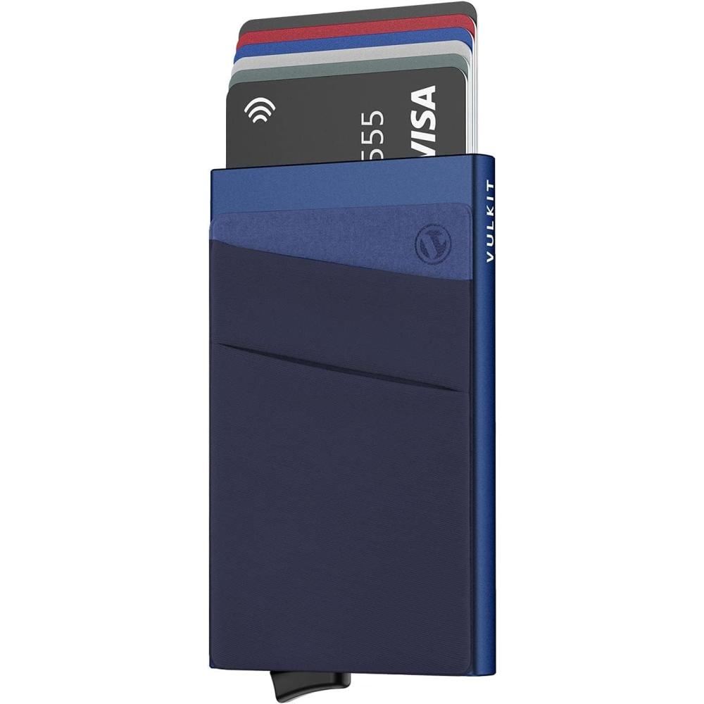 image:imageVULKIT Card Holder with Money Pocket Pop Up Wallet RFID Blocking Slim Metal Bank Card Case Holds 5 Cards and NotesNavy