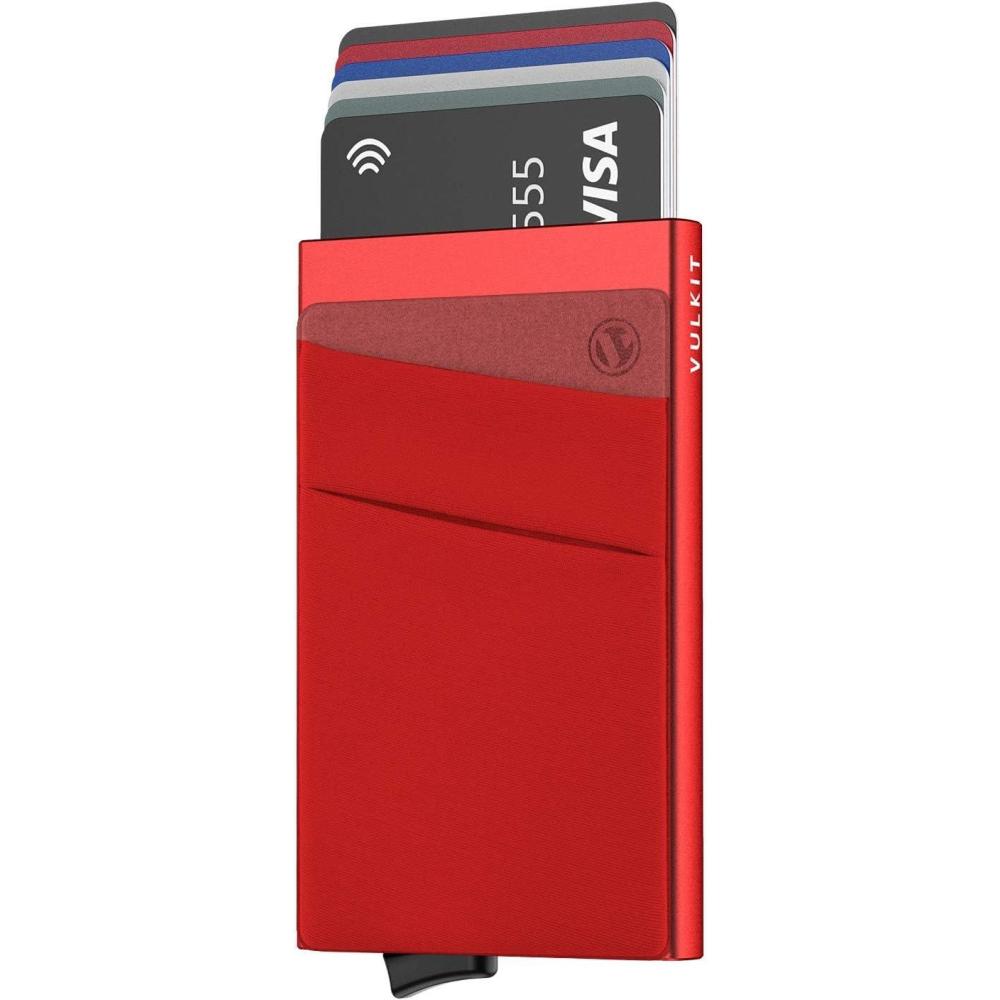 image:imageVULKIT Card Holder with Money Pocket Pop Up Wallet RFID Blocking Slim Metal Bank Card Case Holds 5 Cards and NotesRed