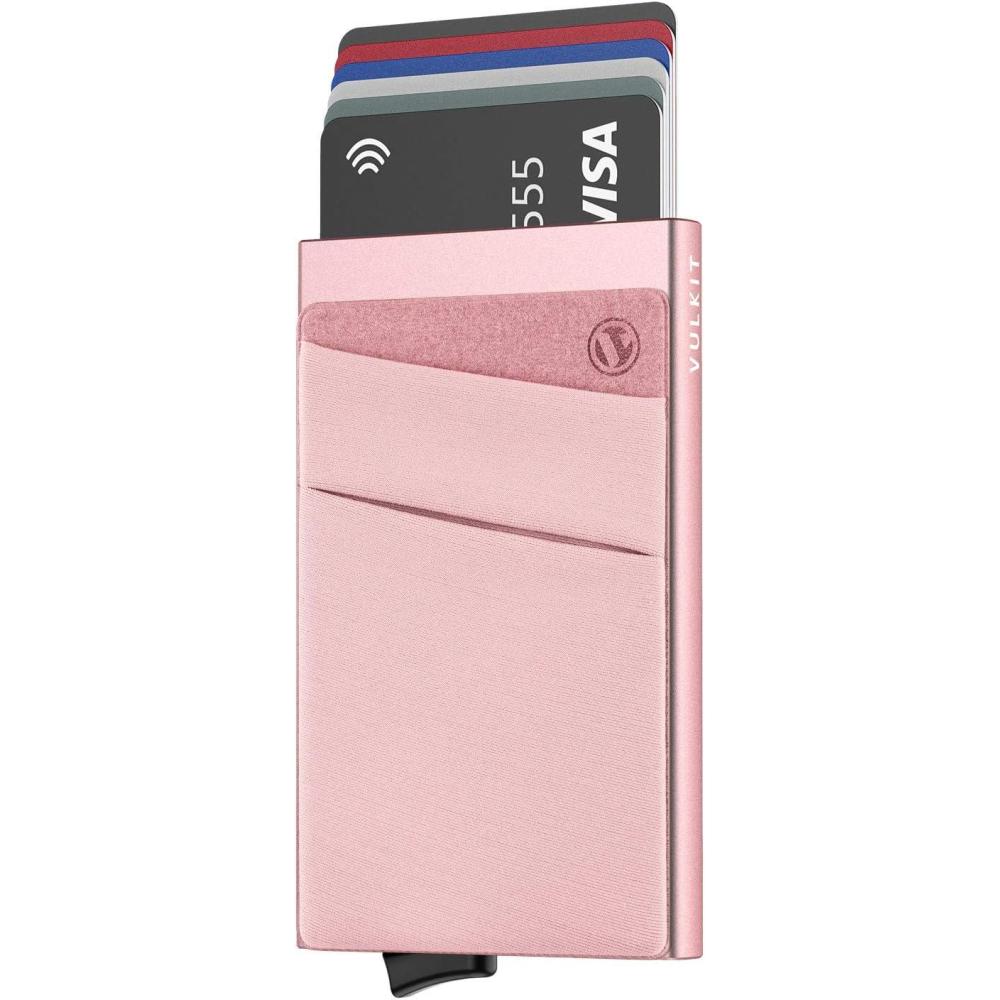 image:imageVULKIT Card Holder with Money Pocket Pop Up Wallet RFID Blocking Slim Metal Bank Card Case Holds 5 Cards and NotesRose Gold