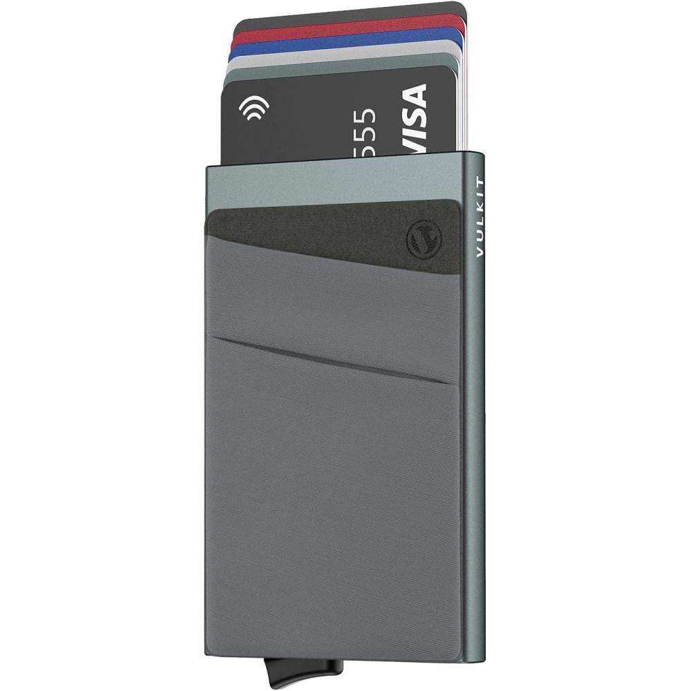 image:imageVULKIT Card Holder with Money Pocket Pop Up Wallet RFID Blocking Slim Metal Bank Card Case Holds 5 Cards and NotesSpace Grey