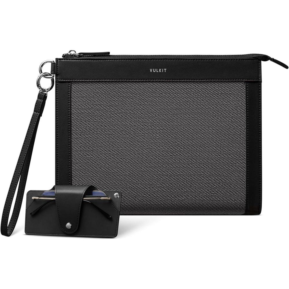image:imageVULKIT Clutch Bag for Men with Removable Glasses Case Large Mens Wrist Band Wallet Business Hand Bag Navy BlueCharcoal Black