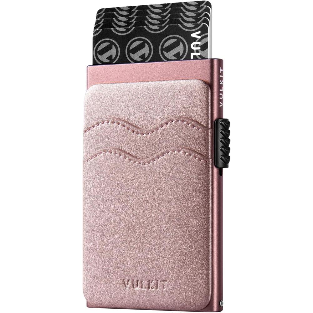 image:imageVULKIT Credit Card Holder Minimalist Slim Pop Up Wallet with Leather Slots RFID Blocking for Men and Women Holds 7 Cards and Notes WinePearl Pink