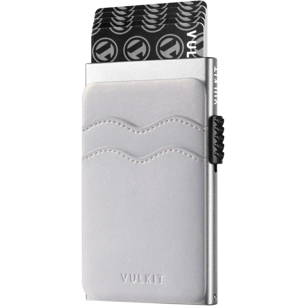 image:imageVULKIT Credit Card Holder Minimalist Slim Pop Up Wallet with Leather Slots RFID Blocking for Men and Women Holds 7 Cards and Notes WinePearl White