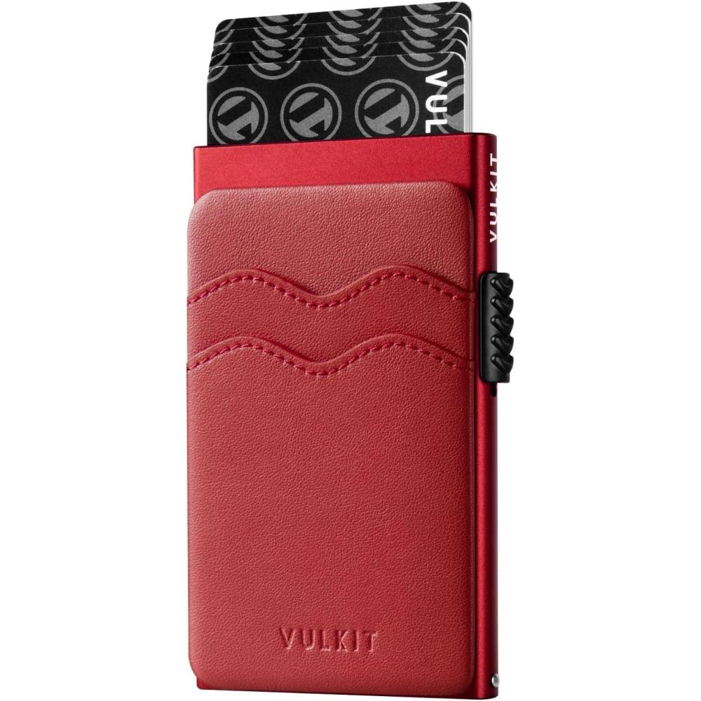 image:imageVULKIT Credit Card Holder Minimalist Slim Pop Up Wallet with Leather Slots RFID Blocking for Men and Women Holds 7 Cards and Notes WineRed