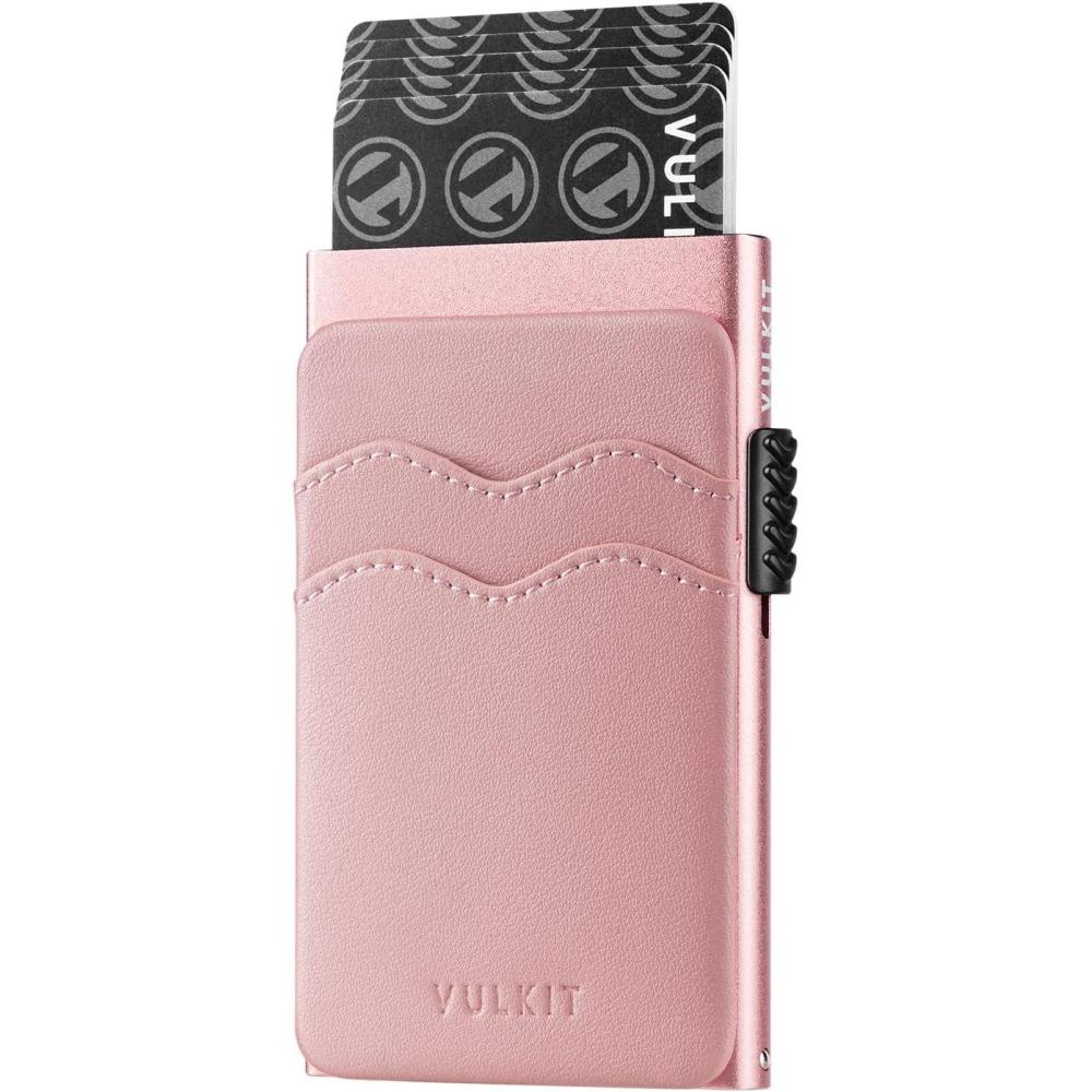 image:imageVULKIT Credit Card Holder Minimalist Slim Pop Up Wallet with Leather Slots RFID Blocking for Men and Women Holds 7 Cards and Notes WineRose