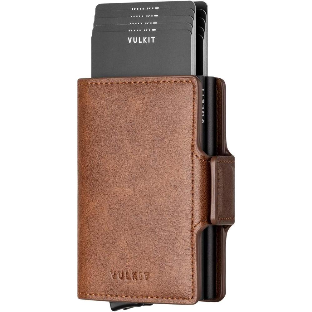 image:imageVULKIT Credit Card Holder RFID Blocking Leather Automatic Pop Up Wallet Magnetic Wallet Double Card Case for Men and WomenBrown