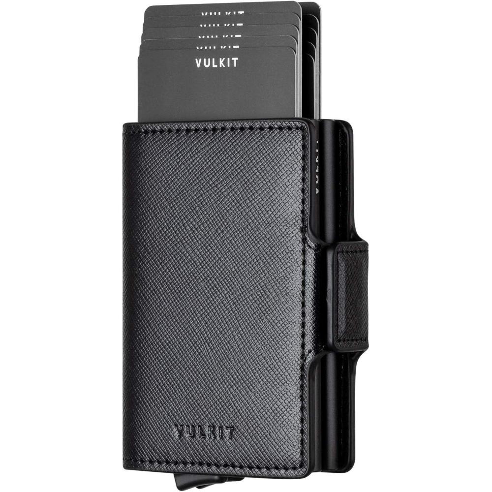 image:imageVULKIT Credit Card Holder RFID Blocking Leather Automatic Pop Up Wallet Magnetic Wallet Double Card Case for Men and WomenCross Black