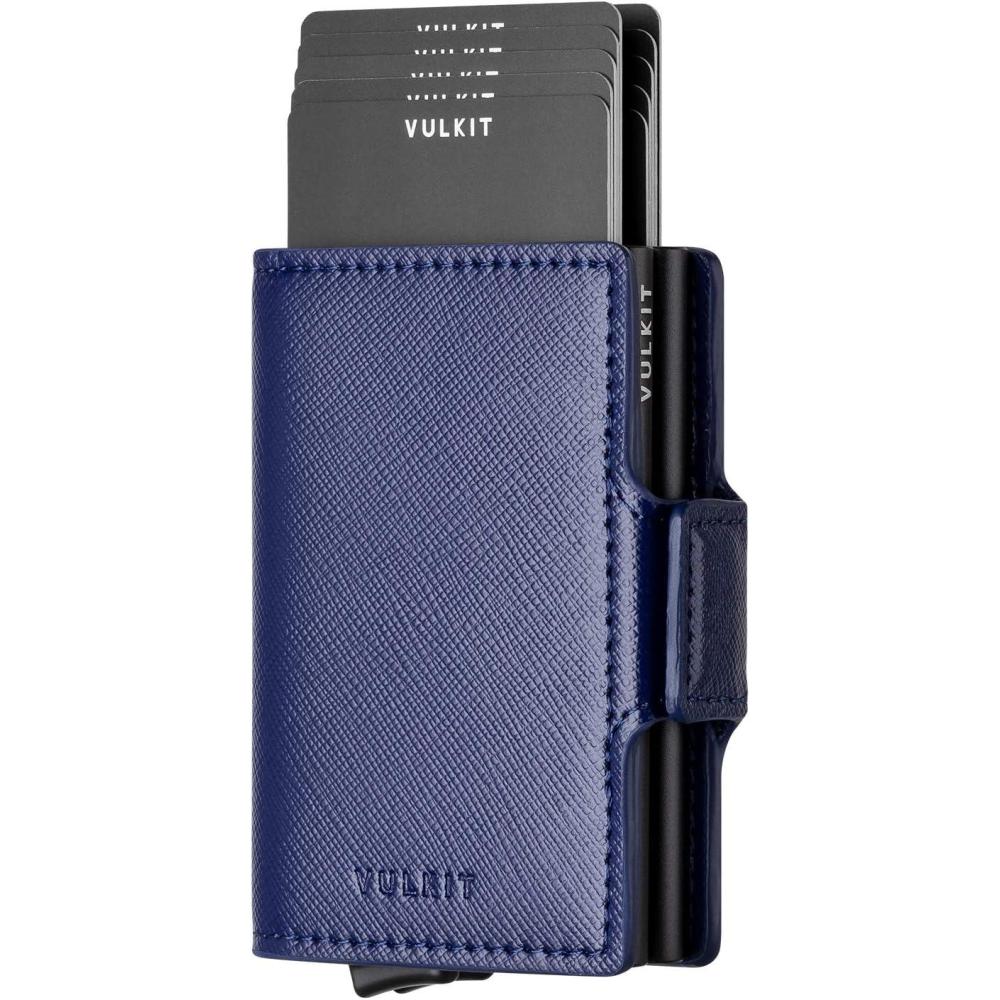 image:imageVULKIT Credit Card Holder RFID Blocking Leather Automatic Pop Up Wallet Magnetic Wallet Double Card Case for Men and WomenCross Navy