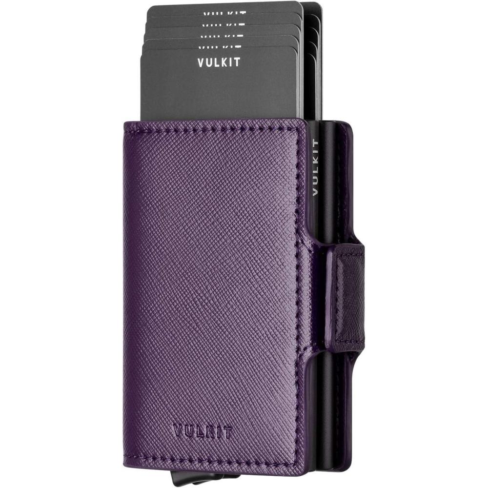 image:imageVULKIT Credit Card Holder RFID Blocking Leather Automatic Pop Up Wallet Magnetic Wallet Double Card Case for Men and WomenCross Wine