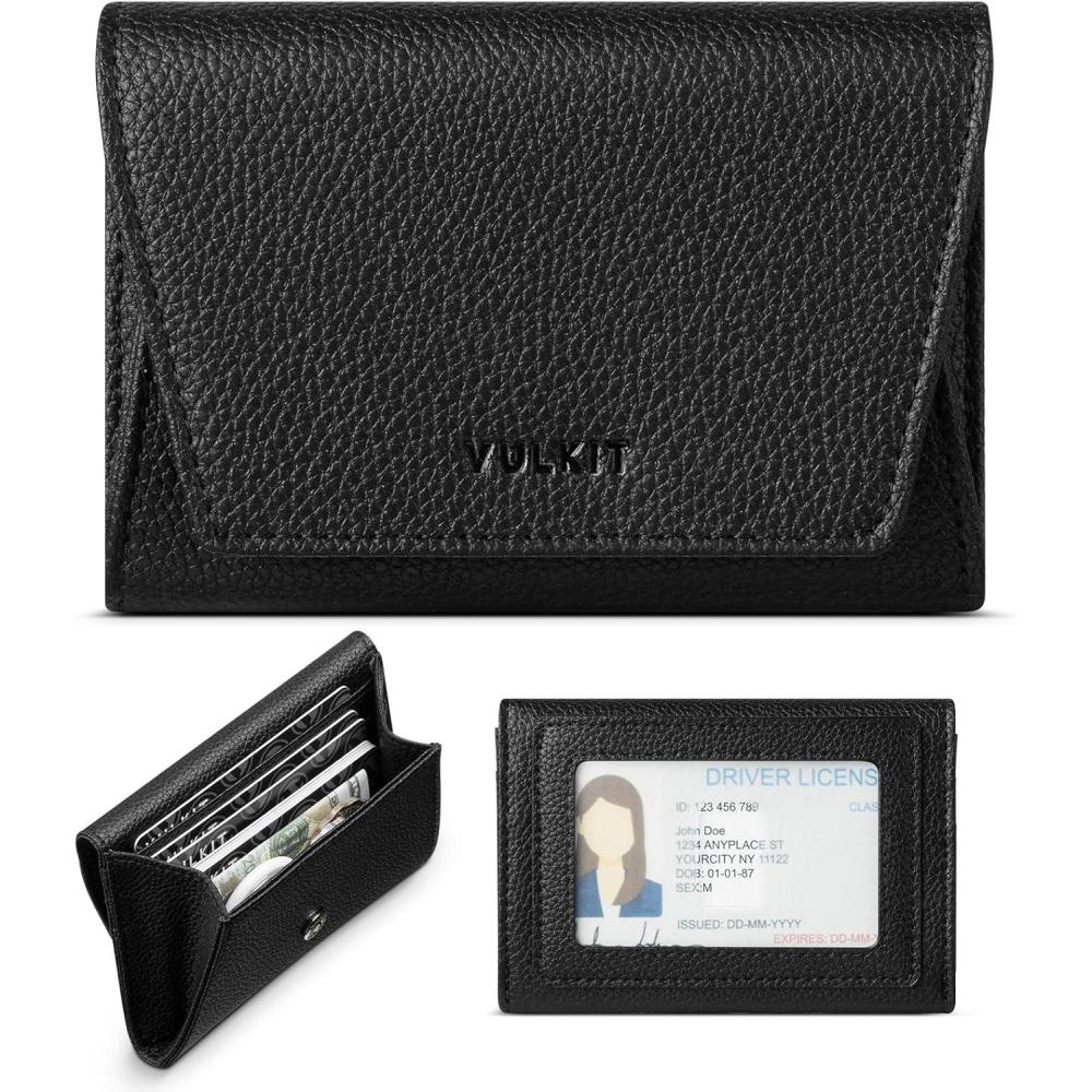 image:imageVULKIT Credit Card Holder for Women with Clear ID Window on the Back RFID Blocking Card Wallet One Large Pocket for Cash Coins and Cards Chestnut BrownJet Black