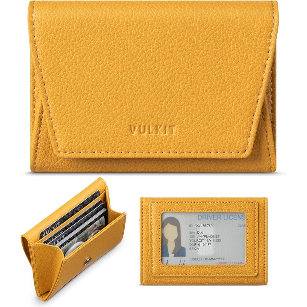 image:imageVULKIT Credit Card Holder for Women with Clear ID Window on the Back RFID Blocking Card Wallet One Large Pocket for Cash Coins and Cards Chestnut BrownMustard Yellow