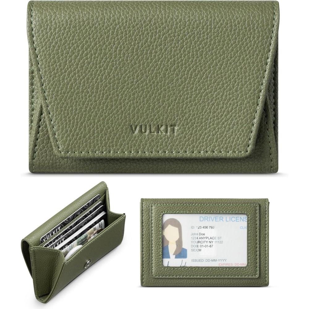 image:imageVULKIT Credit Card Holder for Women with Clear ID Window on the Back RFID Blocking Card Wallet One Large Pocket for Cash Coins and Cards Chestnut BrownOlive Green