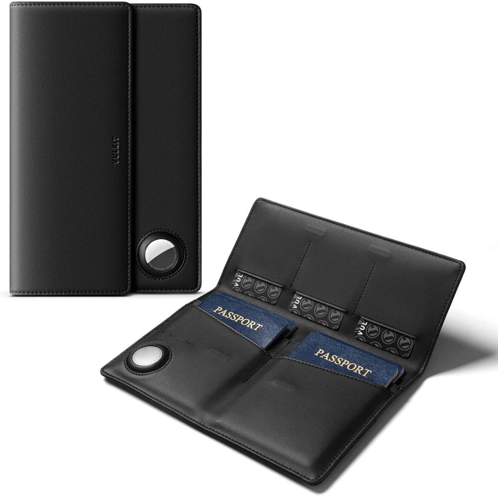 image:imageVULKIT Family Passport Holder for 4 Leather Passport Wallet with Airtag Slot Multiple Passport Holder RFID Blocking Bifold Travel Documents OrganizerBlack
