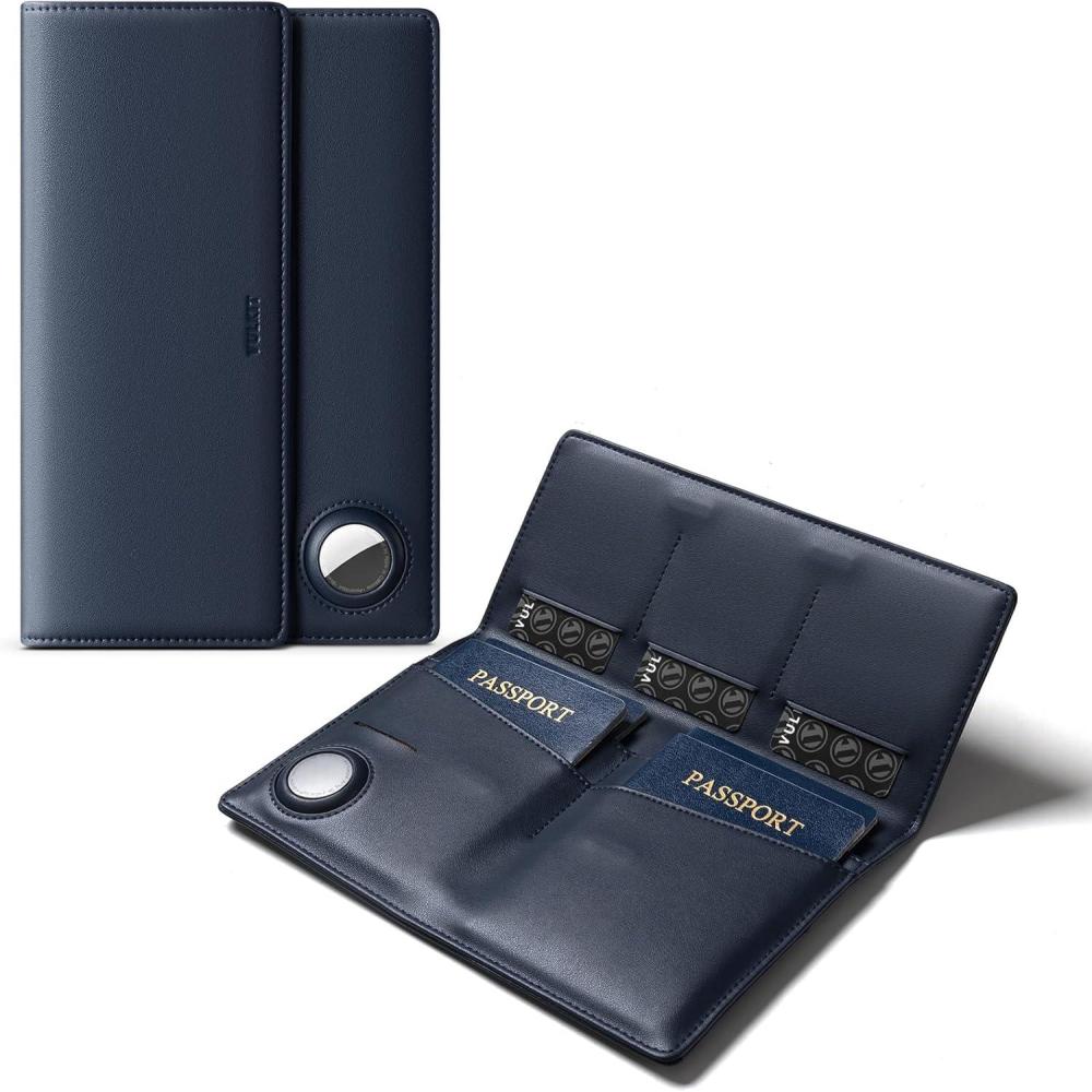image:imageVULKIT Family Passport Holder for 4 Leather Passport Wallet with Airtag Slot Multiple Passport Holder RFID Blocking Bifold Travel Documents OrganizerNavy
