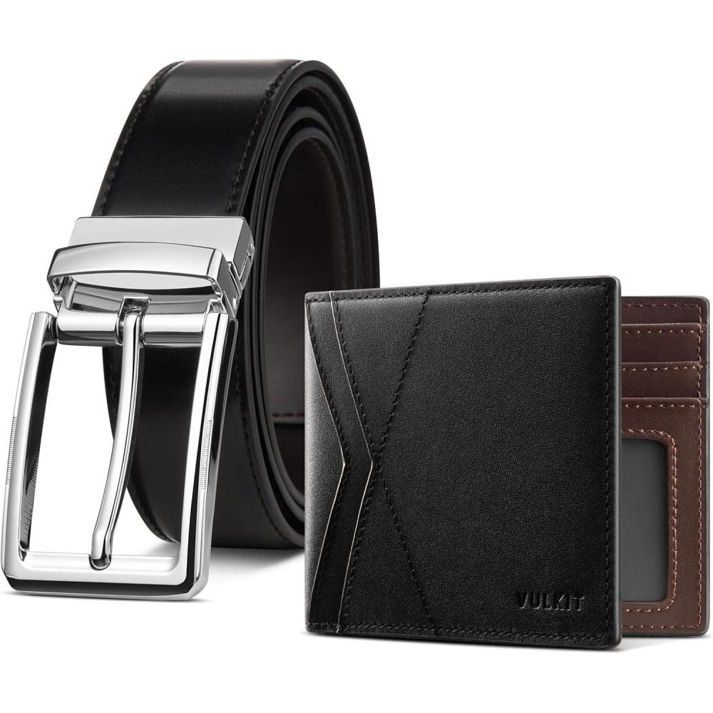 image:imageVULKIT Genuine Leather Reversible Belt amp Slim Bifold Wallet  Luxury Gift Set Black amp Dark Brown Combo