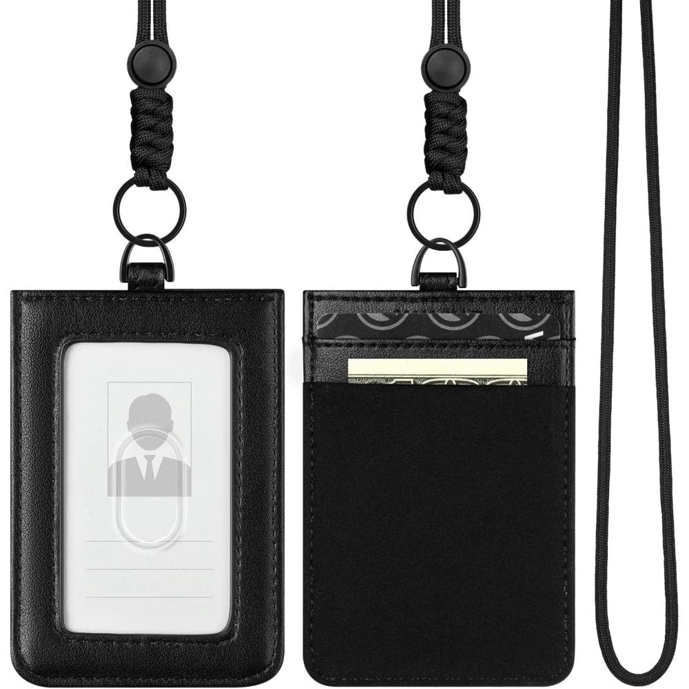 image:imageVULKIT ID Badge Holder with Lanyard for Women and Men Vertical Leather Badge Holder with Clear ID Window Card Holder Slot and Money Pocket BrownBlack