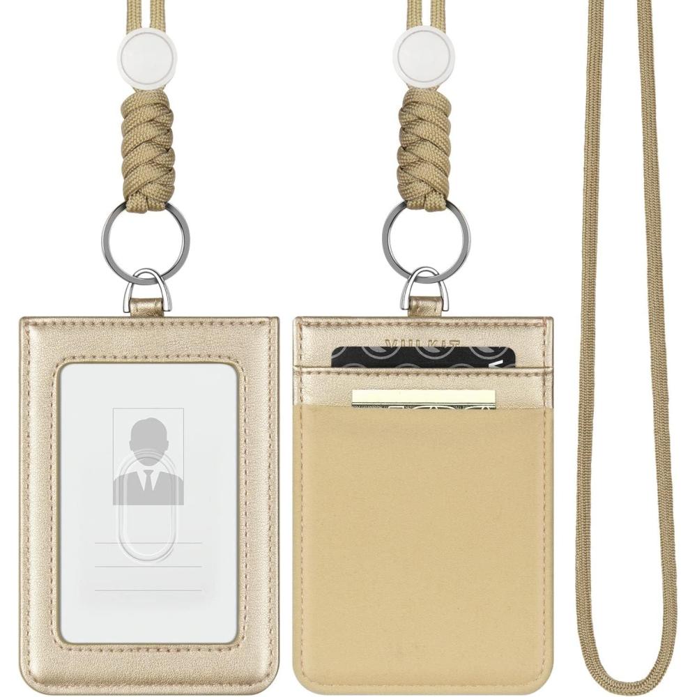 image:imageVULKIT ID Badge Holder with Lanyard for Women and Men Vertical Leather Badge Holder with Clear ID Window Card Holder Slot and Money Pocket BrownGold