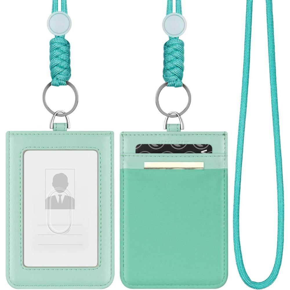 image:imageVULKIT ID Badge Holder with Lanyard for Women and Men Vertical Leather Badge Holder with Clear ID Window Card Holder Slot and Money Pocket BrownMint Green