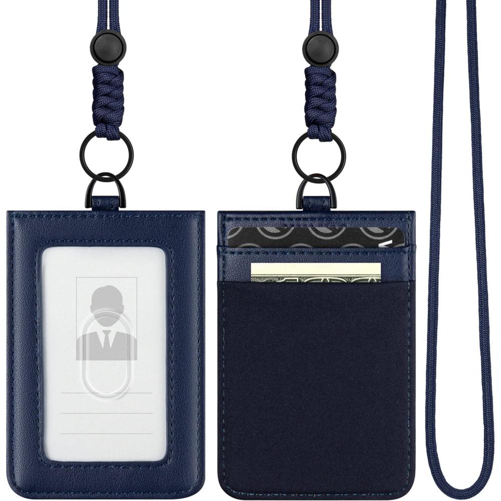 image:imageVULKIT ID Badge Holder with Lanyard for Women and Men Vertical Leather Badge Holder with Clear ID Window Card Holder Slot and Money Pocket BrownNavy