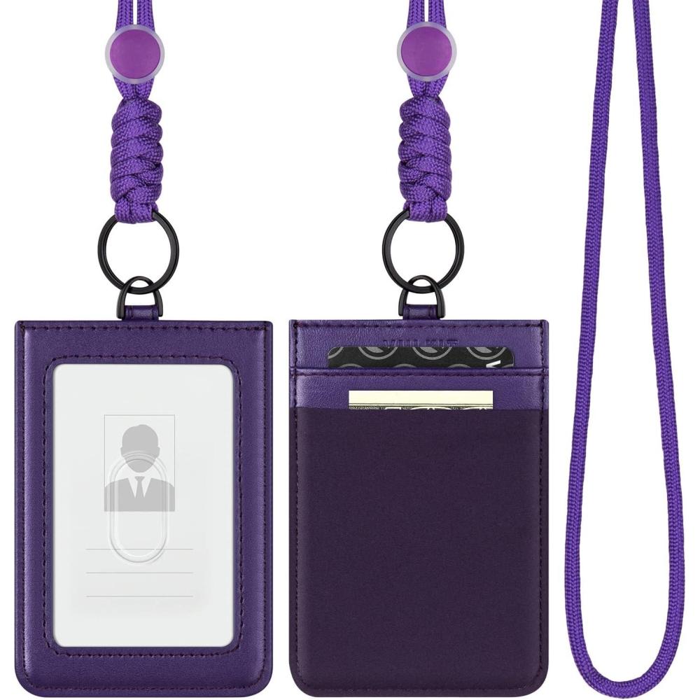image:imageVULKIT ID Badge Holder with Lanyard for Women and Men Vertical Leather Badge Holder with Clear ID Window Card Holder Slot and Money Pocket BrownPurple