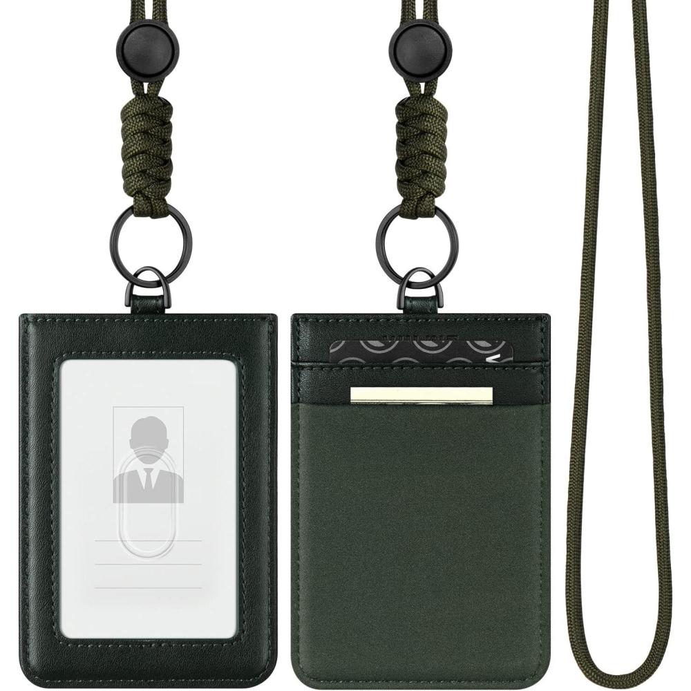 image:imageVULKIT ID Badge Holder with Lanyard for Women and Men Vertical Leather Badge Holder with Clear ID Window Card Holder Slot and Money Pocket BrownRoyal Green