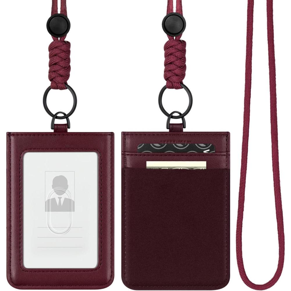 image:imageVULKIT ID Badge Holder with Lanyard for Women and Men Vertical Leather Badge Holder with Clear ID Window Card Holder Slot and Money Pocket BrownWine