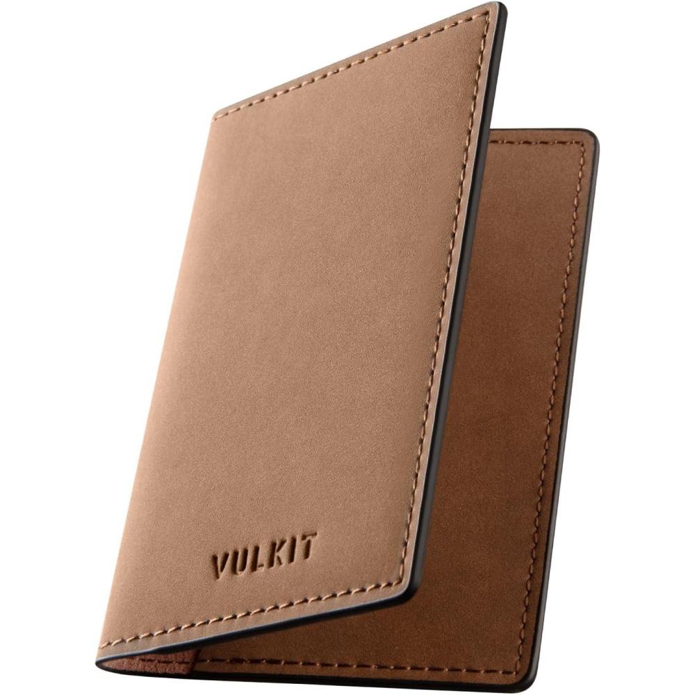 image:imageVULKIT Leather Business Card Holder 2 Sided Slim Business Name Card Organizer for Men or Women Nappa NavyYangba LightBrown