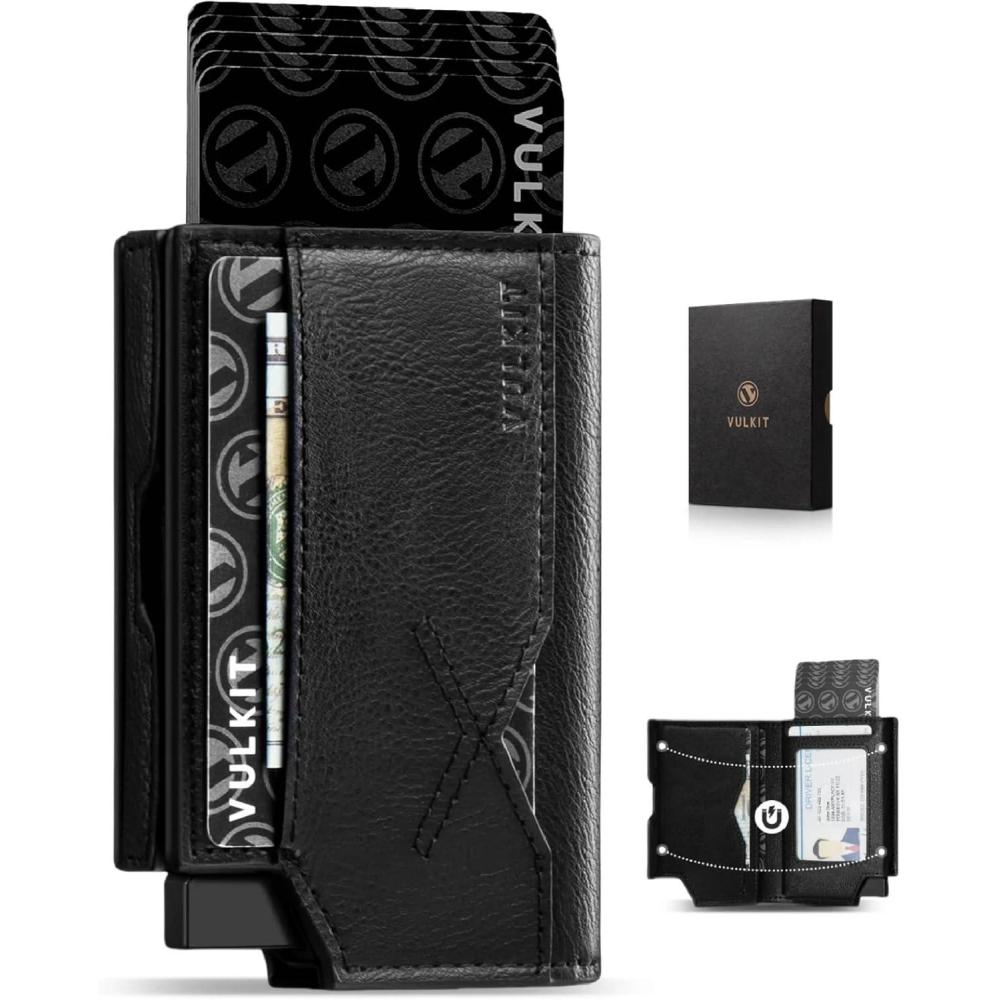 image:imageVULKIT Leather Minimalist Mens Wallet Pop Up Slim Front Pocket Credit Card Holder Wallet for Men Quick Card Access with ID Window GreyBlack