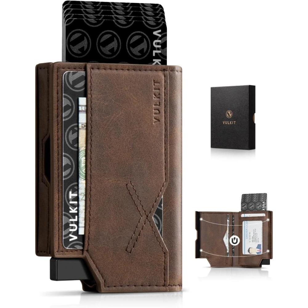 image:imageVULKIT Leather Minimalist Mens Wallet Pop Up Slim Front Pocket Credit Card Holder Wallet for Men Quick Card Access with ID Window GreyBrown