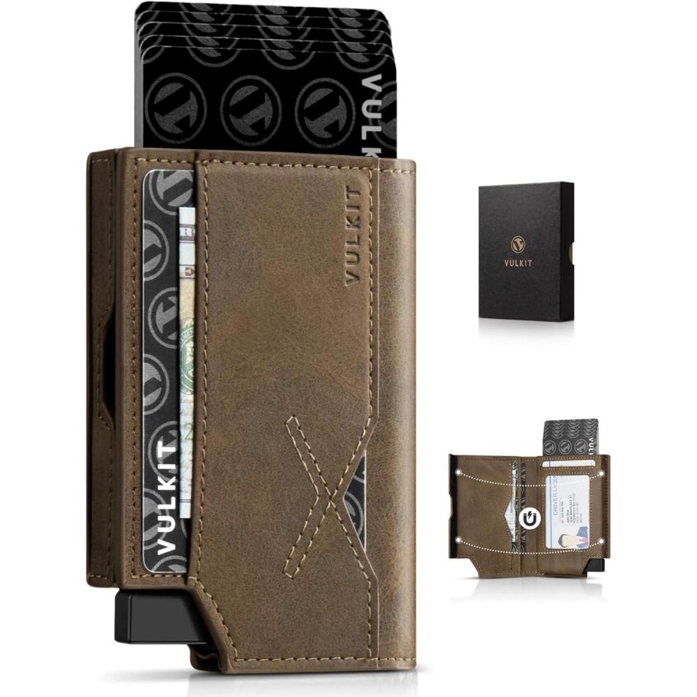 image:imageVULKIT Leather Minimalist Mens Wallet Pop Up Slim Front Pocket Credit Card Holder Wallet for Men Quick Card Access with ID Window GreyChartreuse