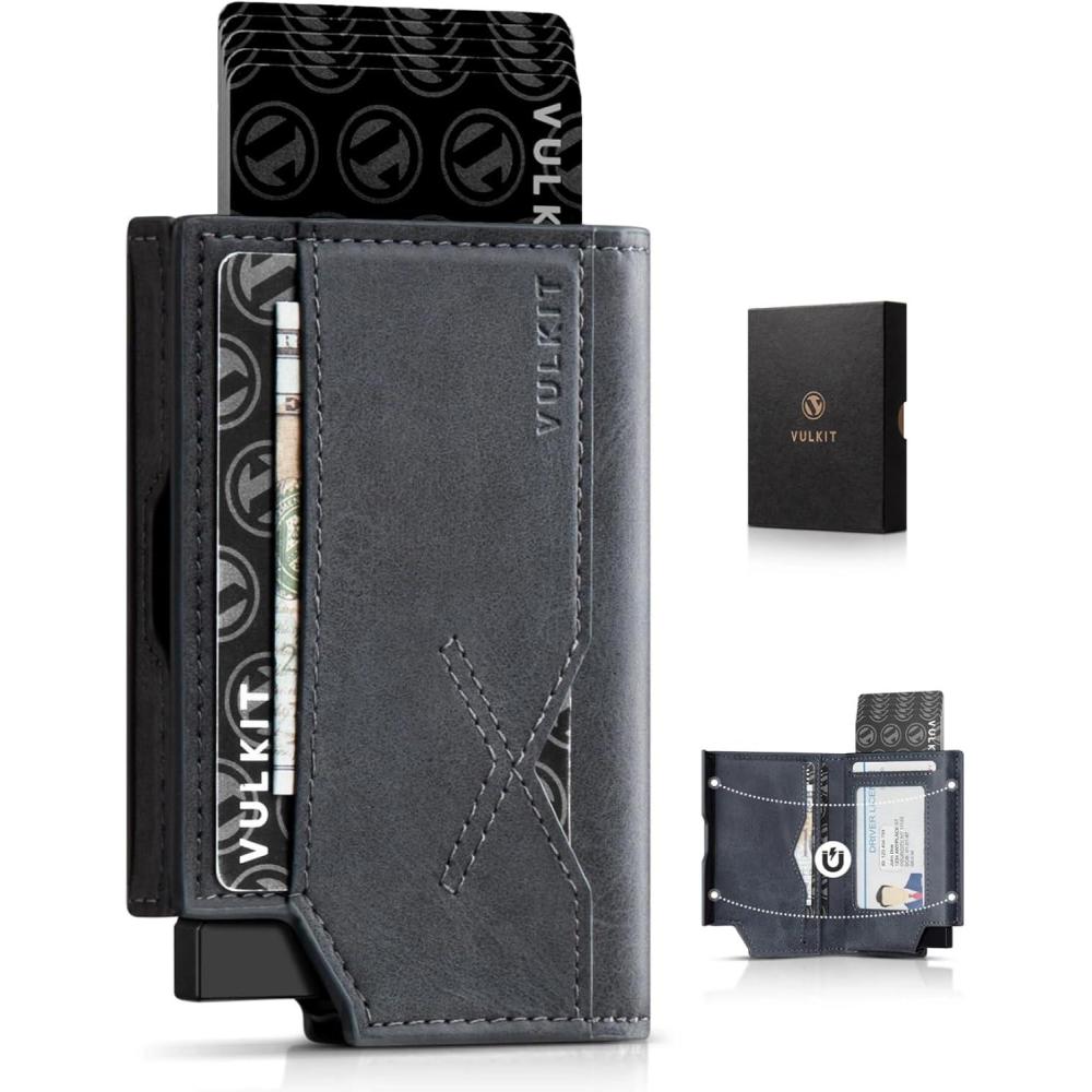 image:imageVULKIT Leather Minimalist Mens Wallet Pop Up Slim Front Pocket Credit Card Holder Wallet for Men Quick Card Access with ID Window GreyGrey