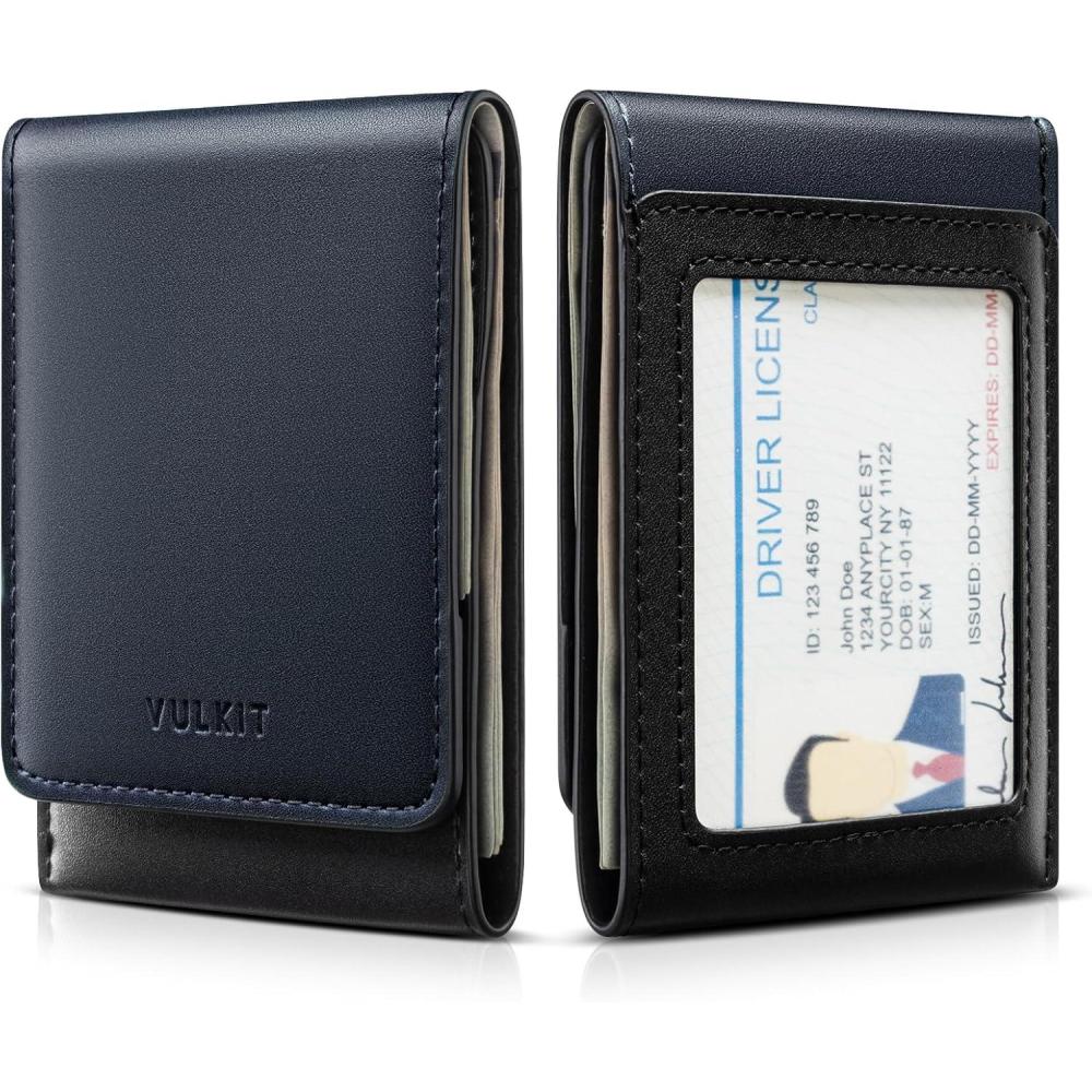 image:imageVULKIT Leather Money Clip with 2 Card Holders and ID Window RFID Blocking Magnetic Closure Coffee Brown and BlackBlue