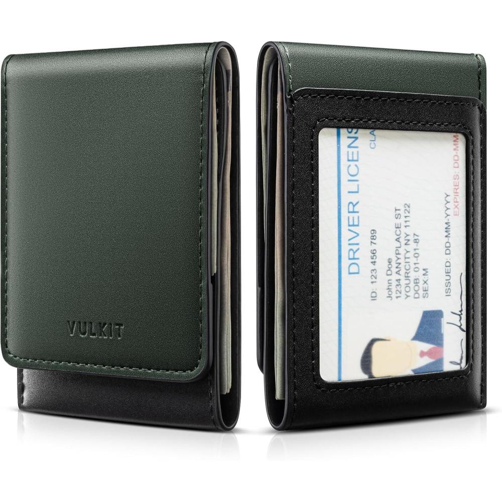 image:imageVULKIT Leather Money Clip with 2 Card Holders and ID Window RFID Blocking Magnetic Closure Coffee Brown and BlackGreen