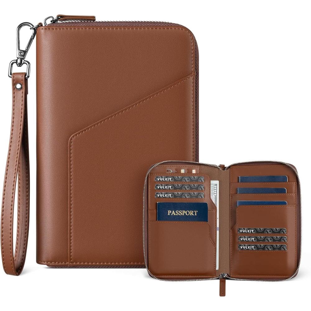 image:imageVULKIT Leather Passport Holder Family Travel Document Organizer with RFID Blocking Travel Wallet Slim Dual Slots SIM Card and Multiple Card Holders for Men and Women BlackEspresso