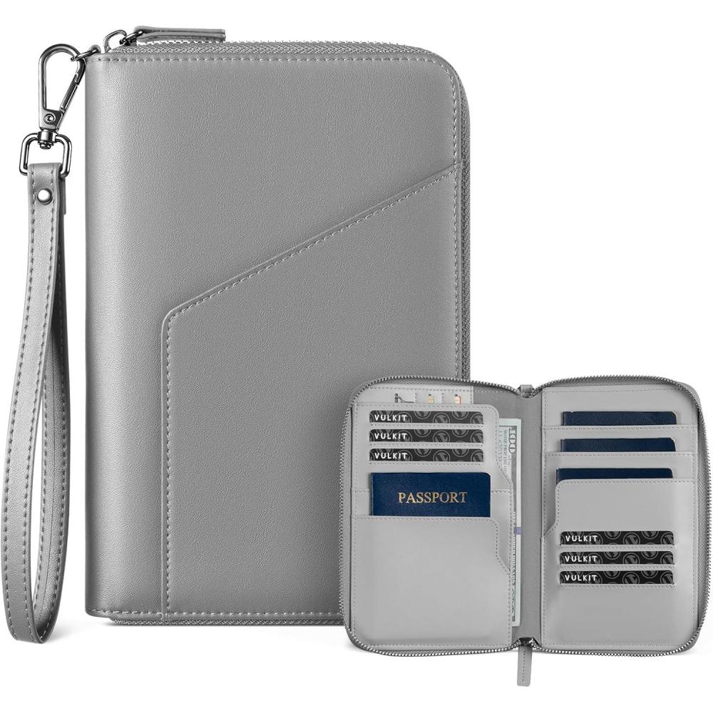 image:imageVULKIT Leather Passport Holder Family Travel Document Organizer with RFID Blocking Travel Wallet Slim Dual Slots SIM Card and Multiple Card Holders for Men and Women BlackGrey