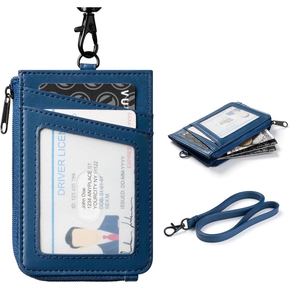 image:imageVULKIT Leather Work ID Badge Holder for Lanyard with Zipper Pocket Work Badge Lanyard for Women and Men Can Hold Coins Key Cash Credit Card Suitable for Offices Staff Students Teacher BlueBlue