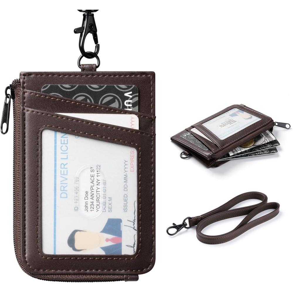 image:imageVULKIT Leather Work ID Badge Holder for Lanyard with Zipper Pocket Work Badge Lanyard for Women and Men Can Hold Coins Key Cash Credit Card Suitable for Offices Staff Students Teacher BlueBrown