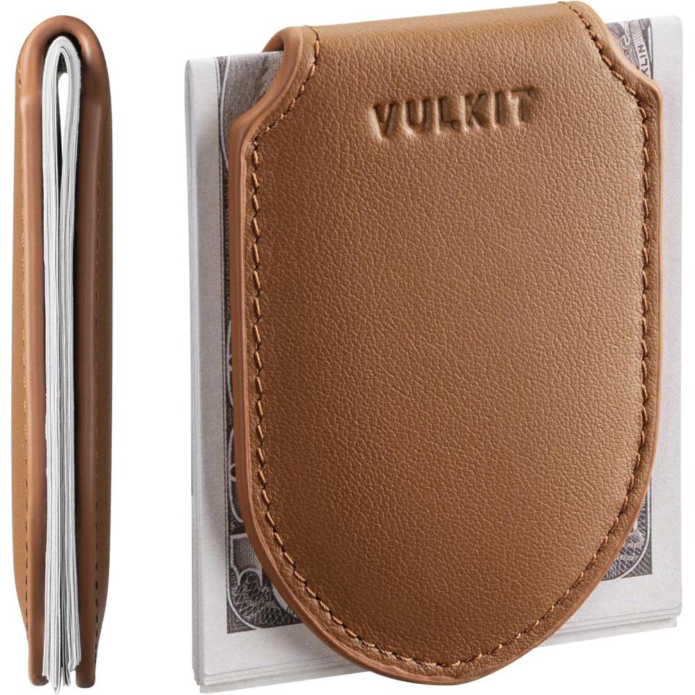 image:imageVULKIT Luxury Money Clip Genuine Leather Magnetic Closure Streamline Design Money Clip Wallet Holds Up to 20 BillsTop Grain Leather Brown