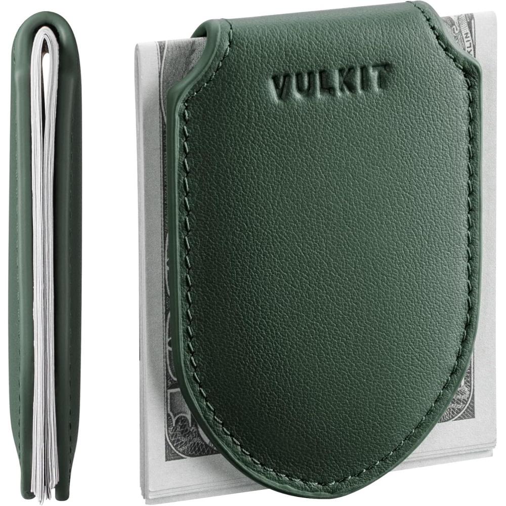 image:imageVULKIT Luxury Money Clip Genuine Leather Magnetic Closure Streamline Design Money Clip Wallet Holds Up to 20 BillsTop Grain Leather Olive