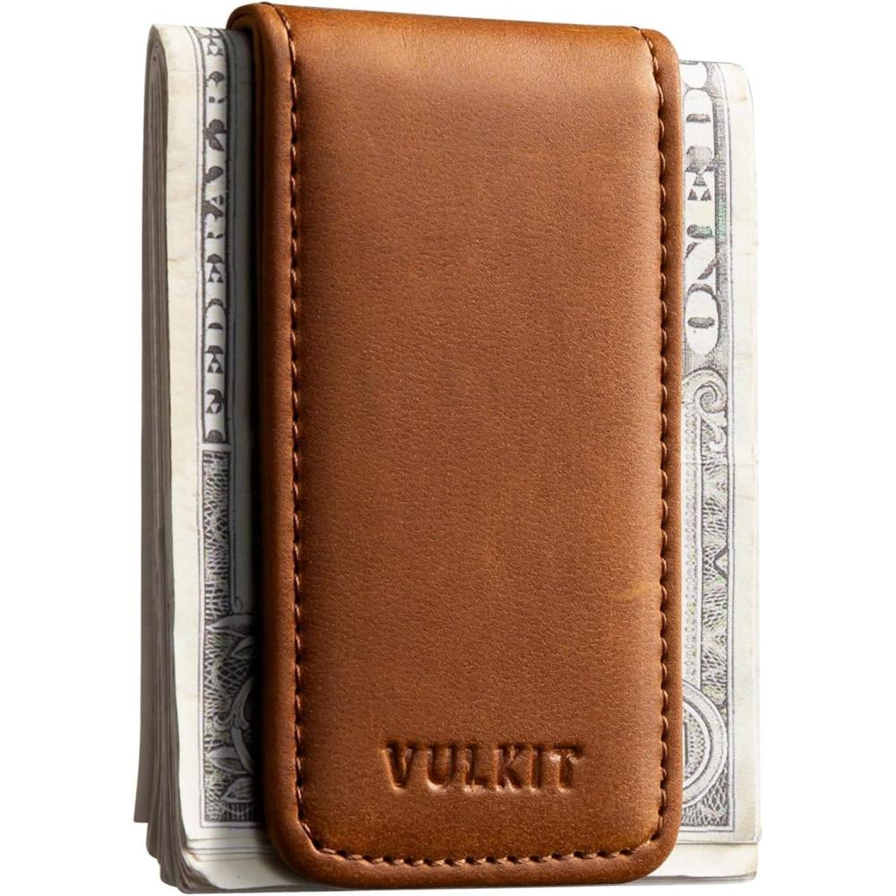 image:imageVULKIT Magnetic Money Clip Leather Money Holder Minimalist Design Holds Up to 15 CashBrown