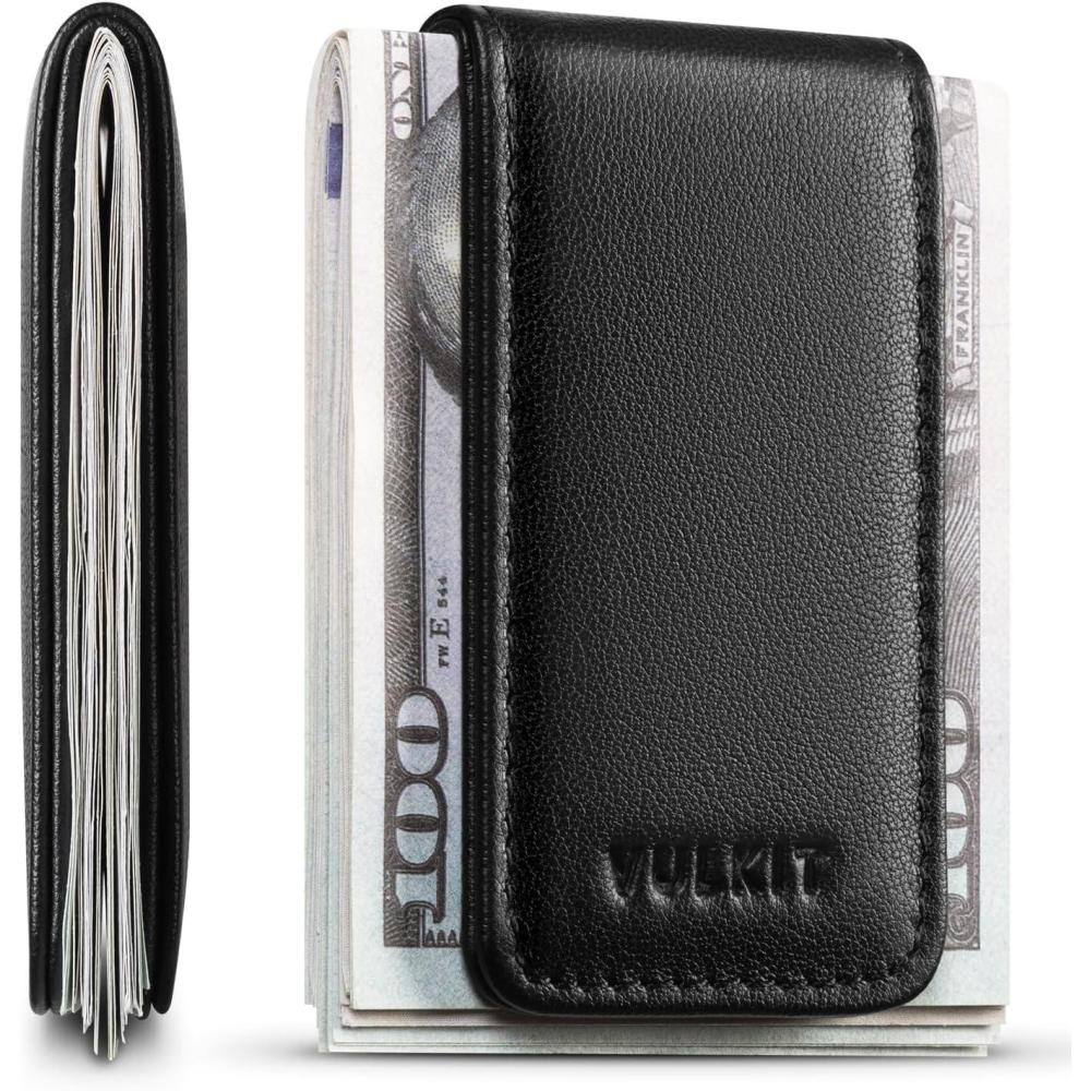 image:imageVULKIT Magnetic Money Clip Leather Money Holder Minimalist Design Holds Up to 15 CashTop Grain LeatherBlack