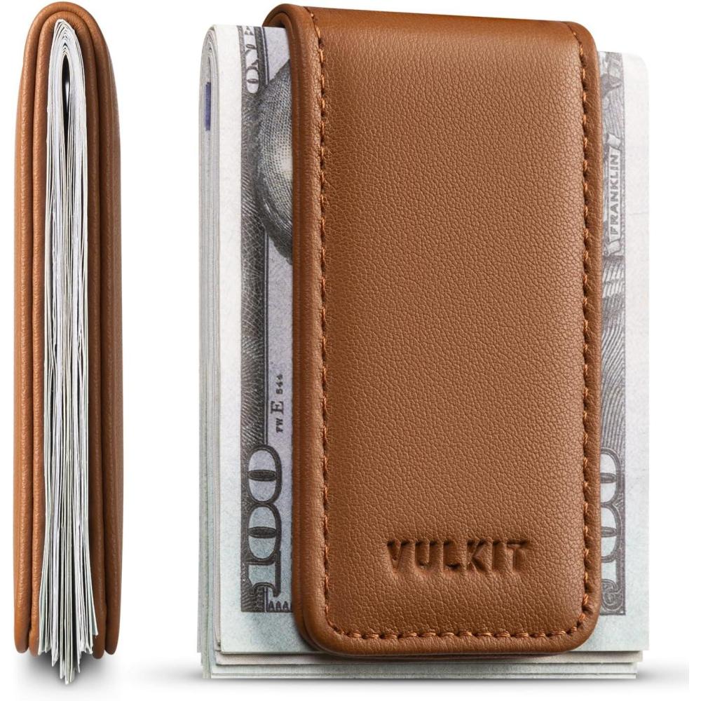 image:imageVULKIT Magnetic Money Clip Leather Money Holder Minimalist Design Holds Up to 15 CashTop Grain LeatherBrown