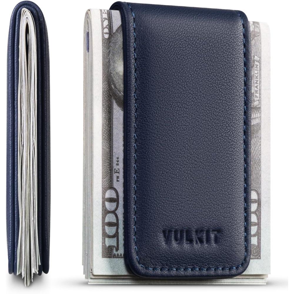 image:imageVULKIT Magnetic Money Clip Leather Money Holder Minimalist Design Holds Up to 15 CashTop Grain LeatherNavy