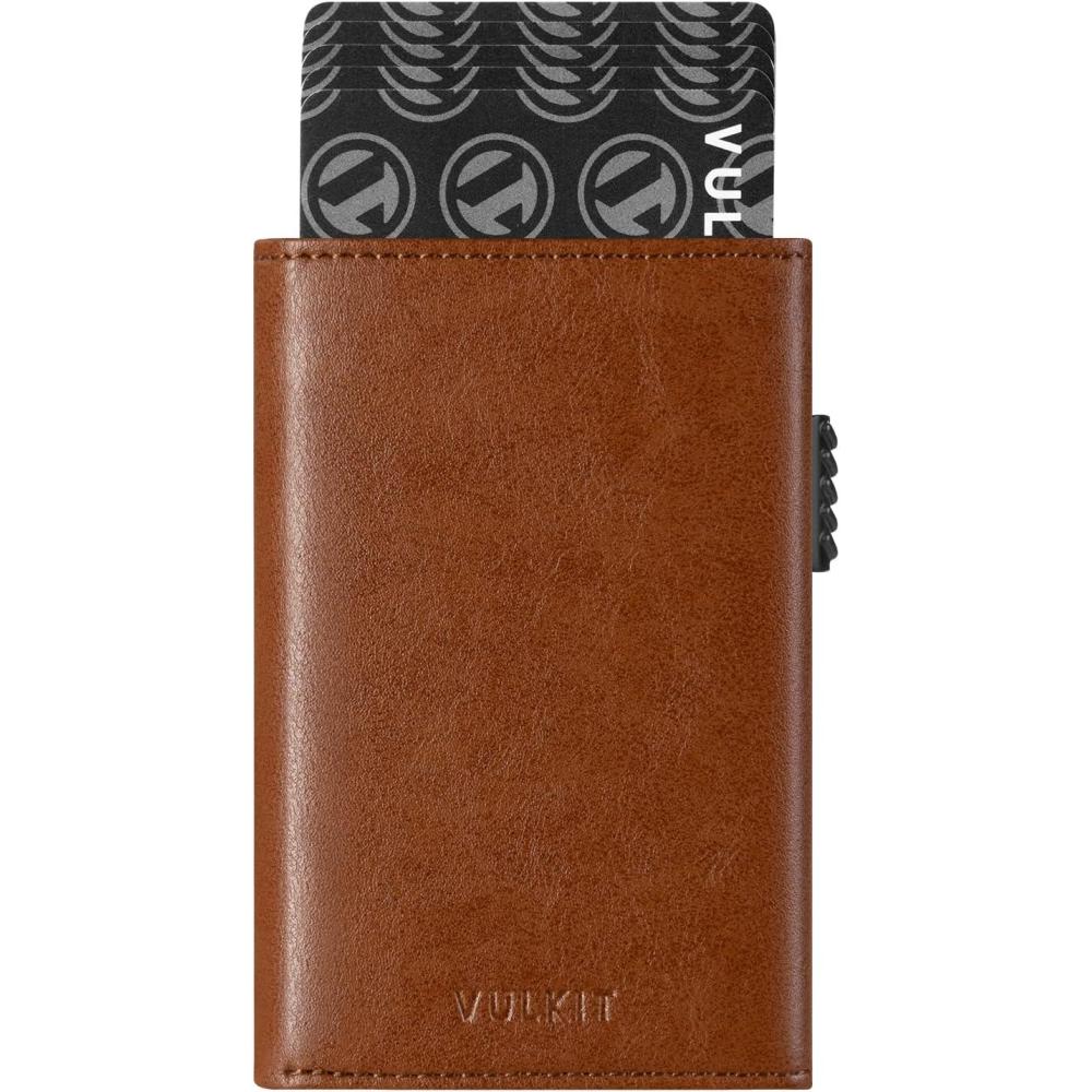 image:imageVULKIT Mens Card Holder Wallet Pop Up Wallet Magnetic Closure RFID Blocking Trifold Leather WalletBrown
