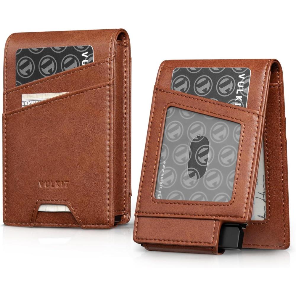 image:imageVULKIT Mens Card Holder for Max 12 Cards with PopUp Credit Card Case and Double Window Slots for ID and Key Card Carbon Fiber BlackBrown