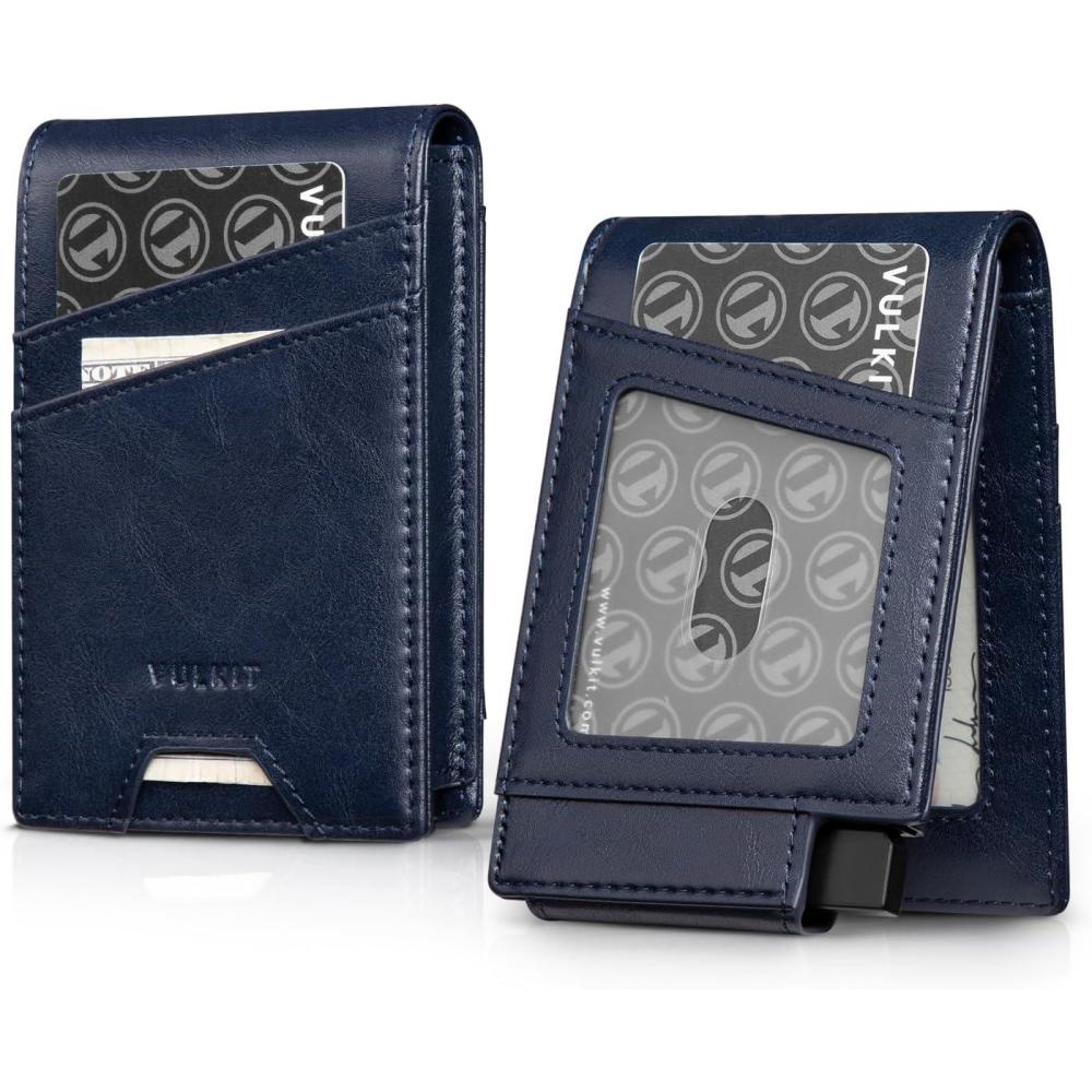 image:imageVULKIT Mens Card Holder for Max 12 Cards with PopUp Credit Card Case and Double Window Slots for ID and Key Card Carbon Fiber BlackDark Blue