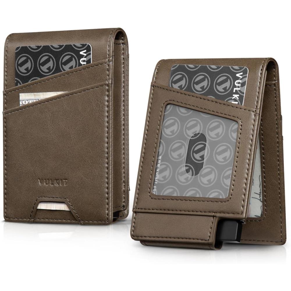 image:imageVULKIT Mens Card Holder for Max 12 Cards with PopUp Credit Card Case and Double Window Slots for ID and Key Card Carbon Fiber BlackGreen