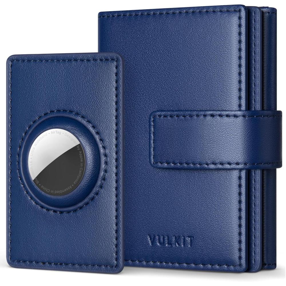 image:imageVULKIT Mens Leather Trifold Wallet RFID Blocking with Airtag Card Case Double ID Window Magnetic Closure Giftbox Packed GreyDark Blue